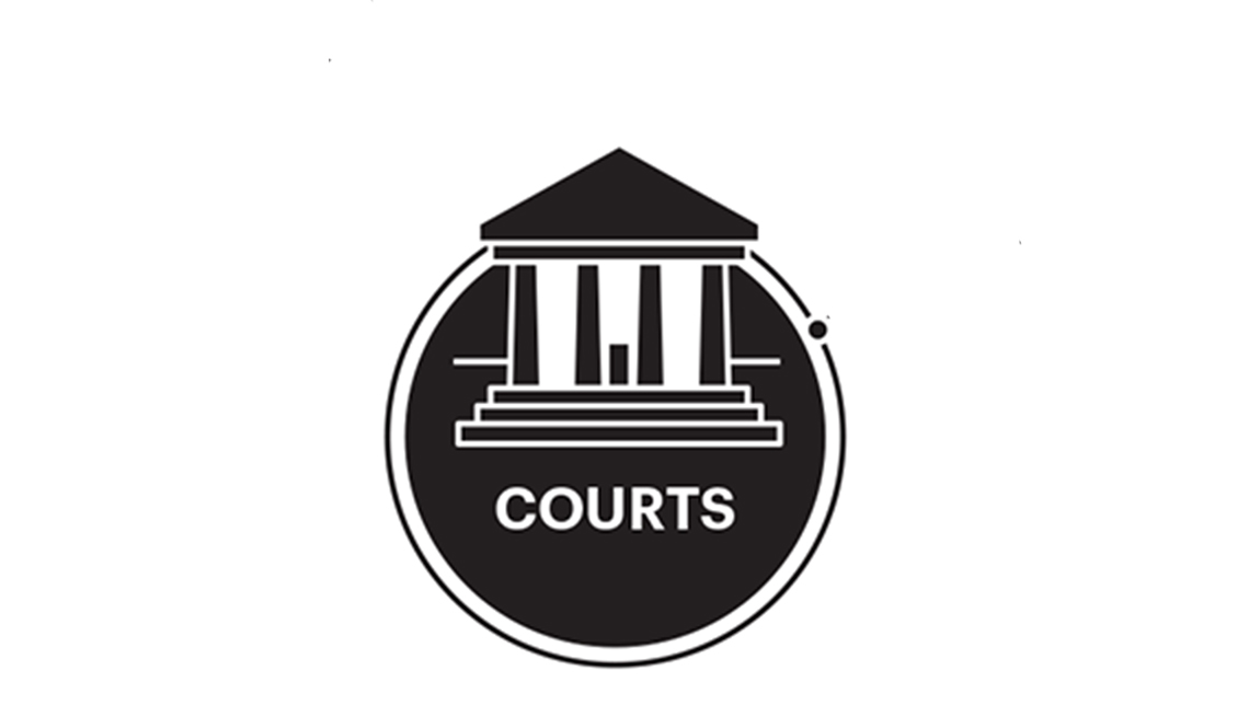 Illustration of a courthouse in black and white with the text courts underneath.